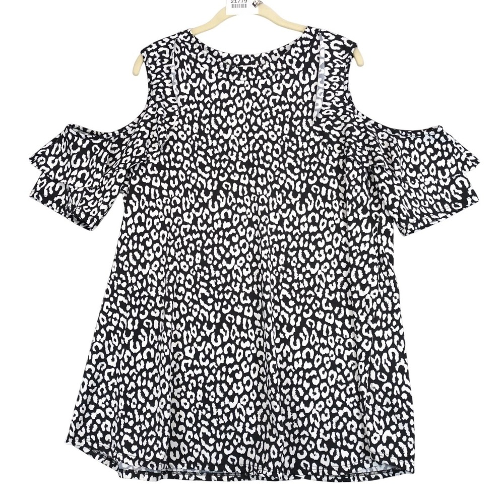 Chic Soul Black White Animal Print Cold Shoulder Blouse Womens Plus Sz 1X‎ Flowy